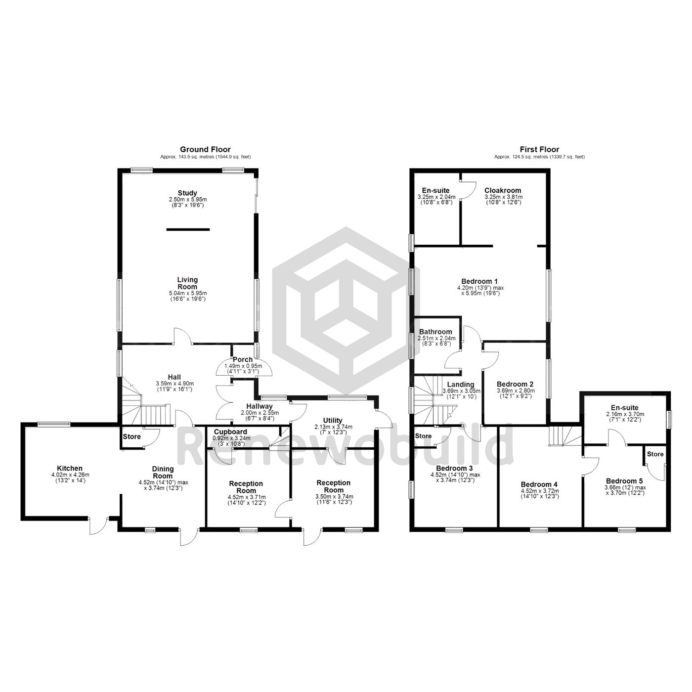 Example floor plan: five-bedroom house over two floors, approx. 268 square metres
