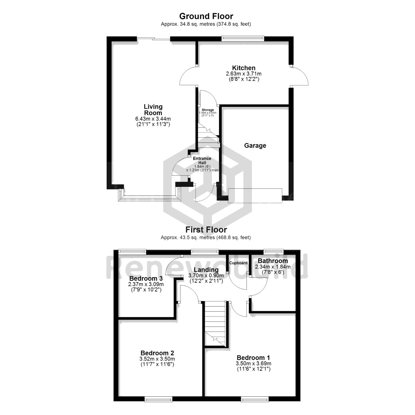 Example floor plan: three-bedroom house over two floors, approx. 78 square metres