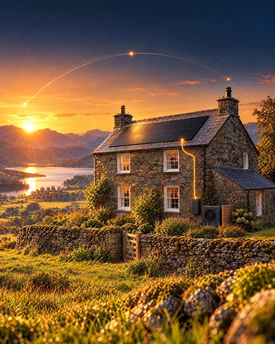 Stone cottage with solar panels at sunrise, with a line tracing the sun's path across the sky and a glowing link from the panels to a home battery